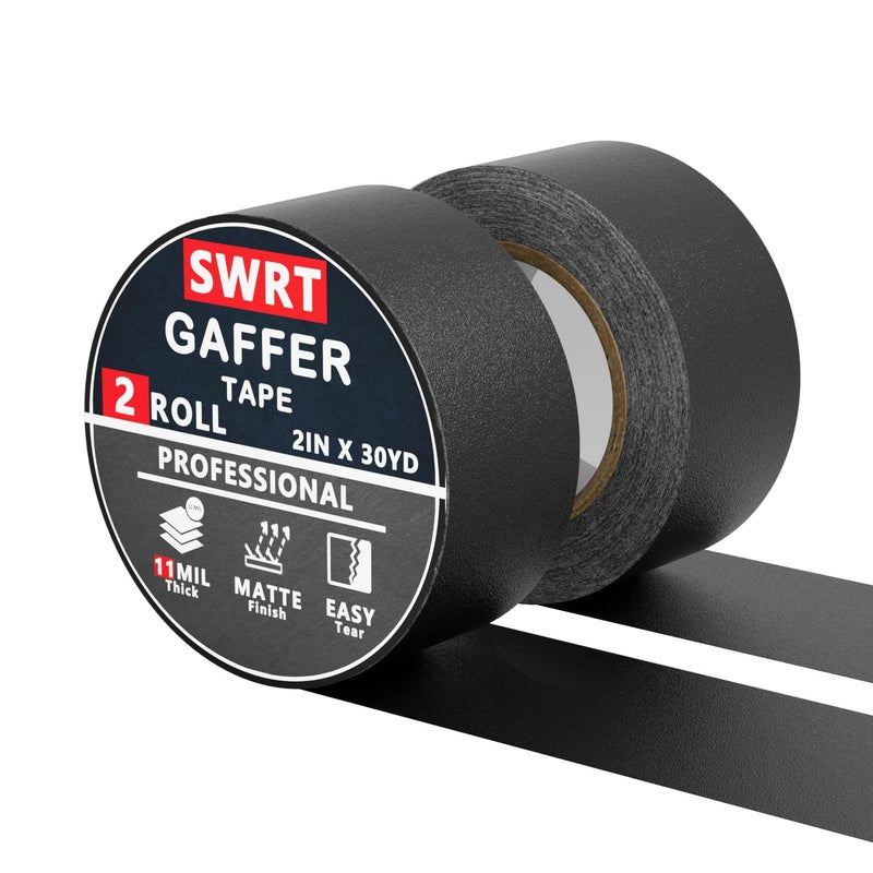 SWRT Gaffers Tape, 11 Mil Industrial Grade Gaffer Tape, 2’’ x 30 Yards, 2 Pack, Strong Adhesion, Easily Remove No Residue, Professional Matte Finish No Reflection, Black, 60 Yards in Total - Image 1